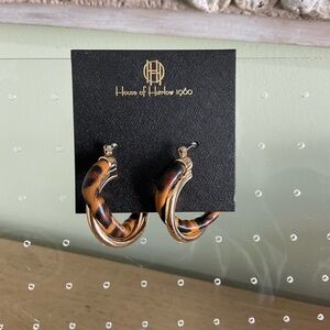 House of Harlow 1960 Gold and Leopard Faux Leather Hoop Earrings